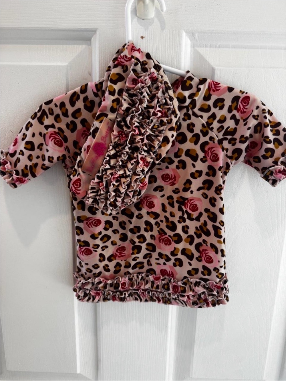 Girls Pink Leopard & Rose Print Ruffle swimsuit